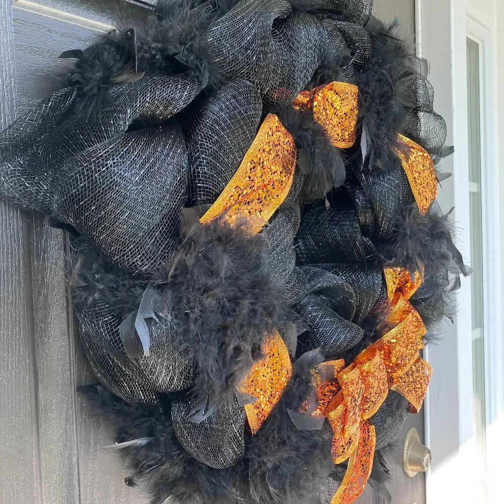 Halloween Feather Deco Mesh Wreath Black Orange Glitter Ribbon Large Big